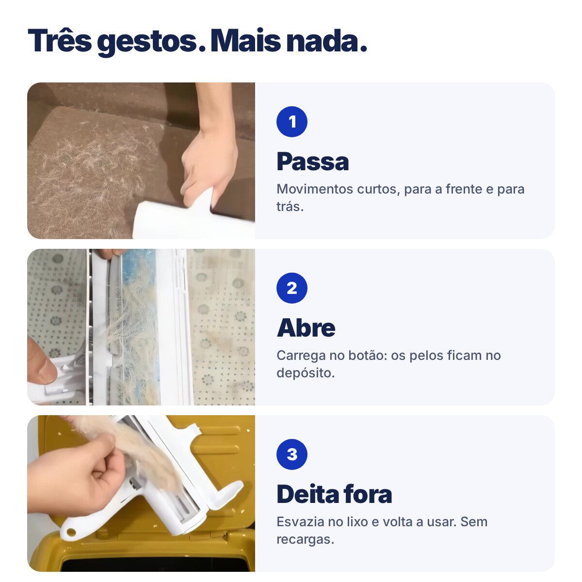 Como usar: passa, abre o depósito e deita os pelos fora