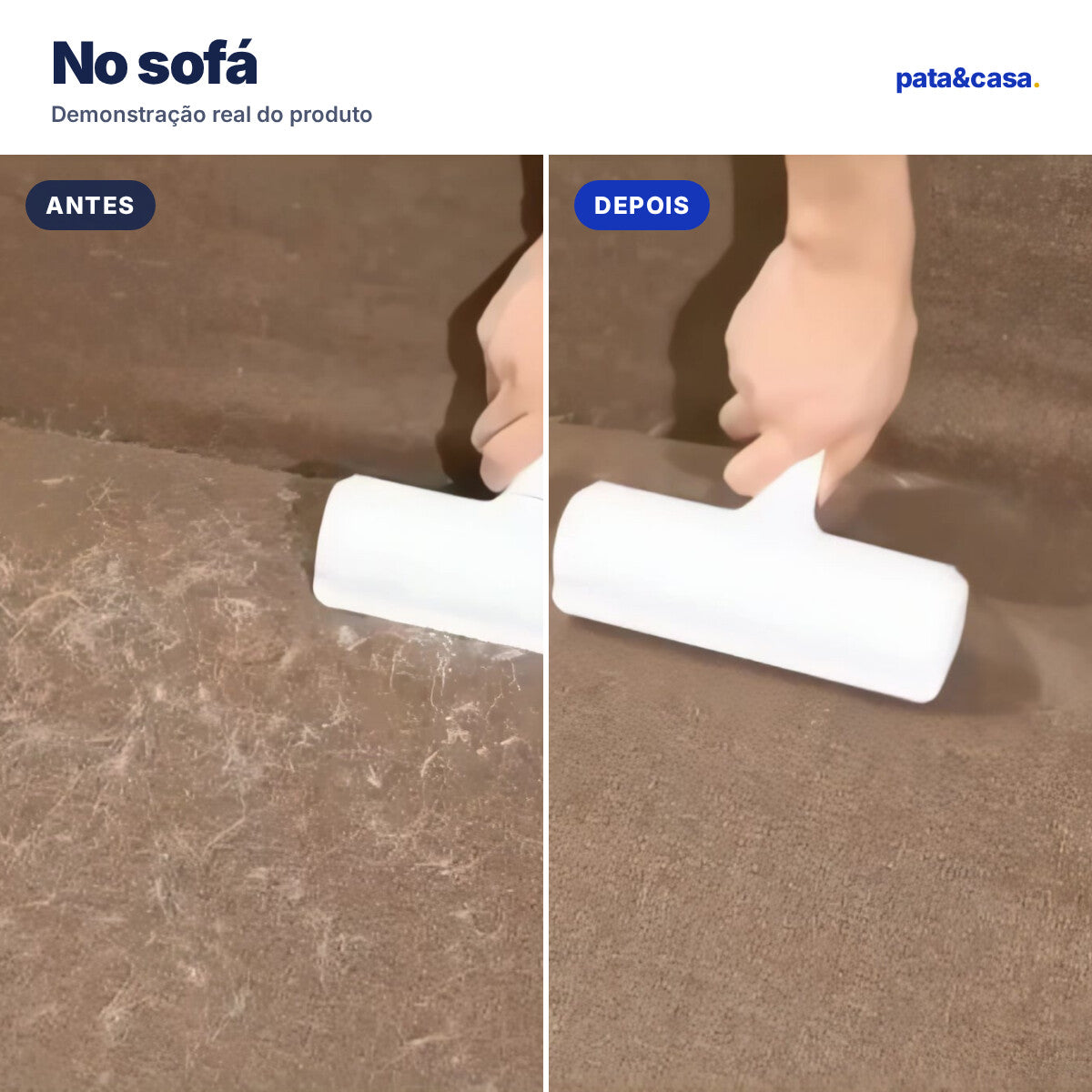 Antes e depois de usar o rolo tira-pelos num sofá de tecido